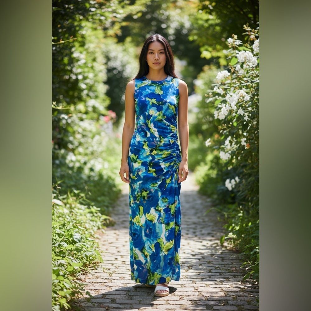 Taylor Side Ruched Mesh Dress Blue Green Floral Slit Size 10